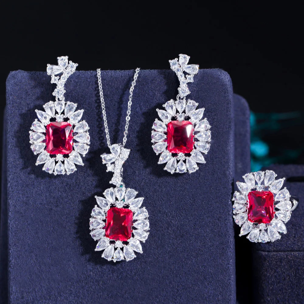 S&S Oval CZ 3-Piece Jewellery Set – Necklace, Earrings & Ring – 7 Colours – Collection