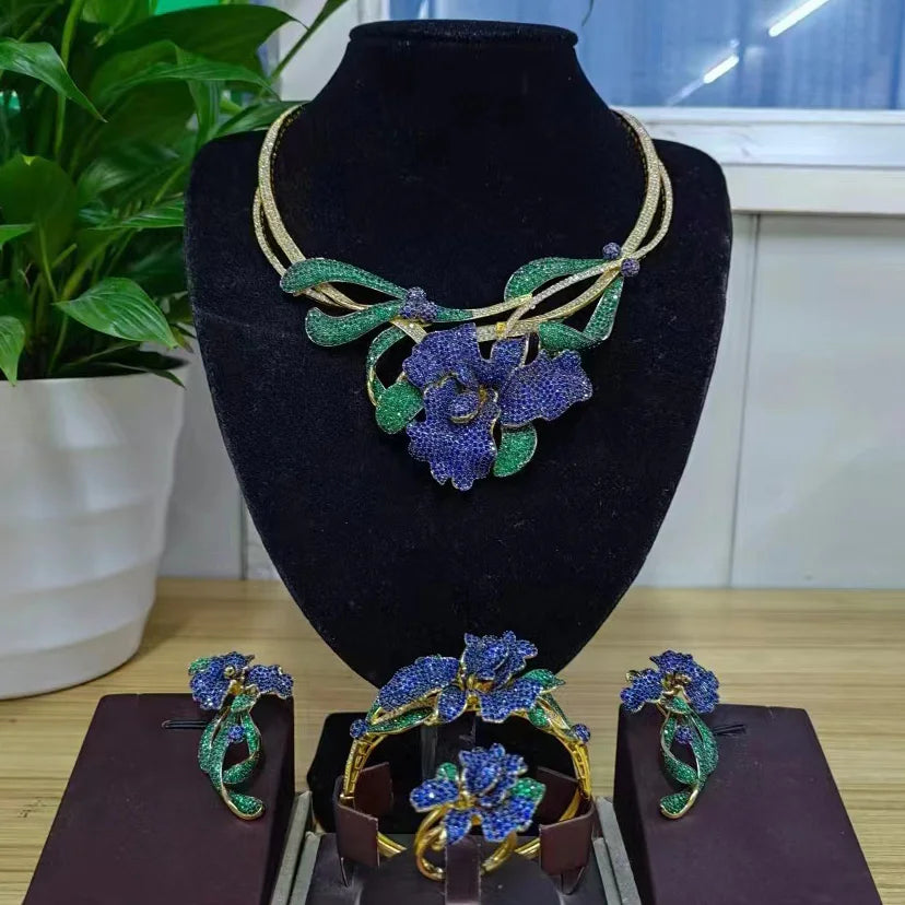 Zhuerrui Luxury Cubic Zirconia Jewelry Set American Diamond Flowers Jewelry Sets Necklace Bracelet Earrings Ring Jewellery Set