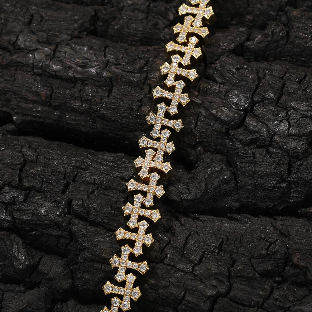 REBEL VIKING Micro Paved Zircon Cross Chain Bracelet – Gold & Silver Hip Hop