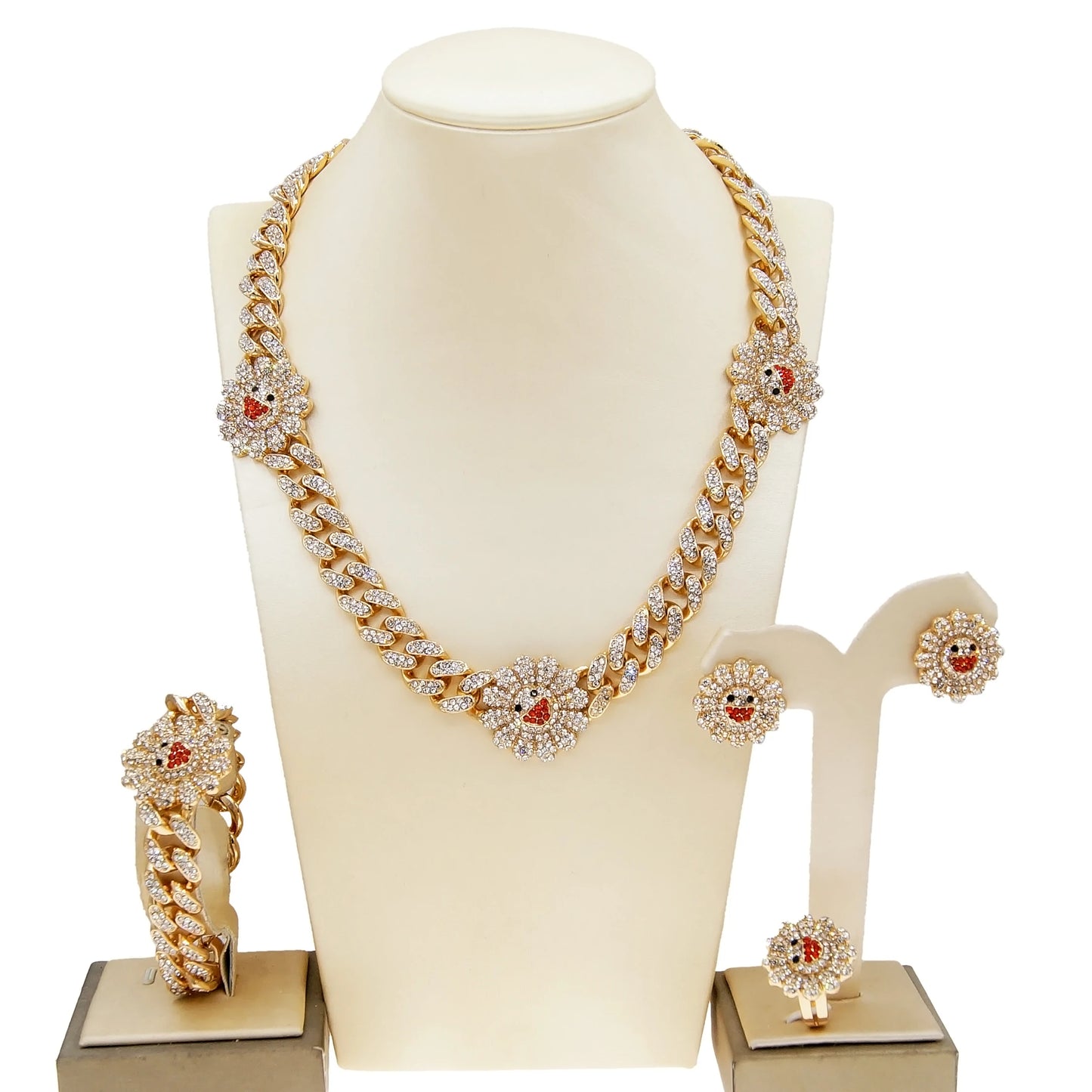 Zhuerrui Gypsophila Hip Hop Style Women's Cuban Chain Jewelry Set Sun Flower Girl Cuban Crystal Exquisit Gold Plated Jewelry Set