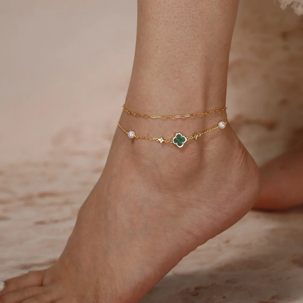 Natural Malachite Four Leaf Clover Shape with Shell Pearl 925 Sterling Silver Chain Anklet for Women