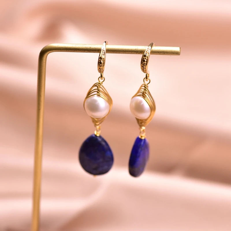 Natural Lapis Lazuli Pendant Earrings Boho Aesthetic Stone Hook Accessories for Women Romantic Fine Jewelry