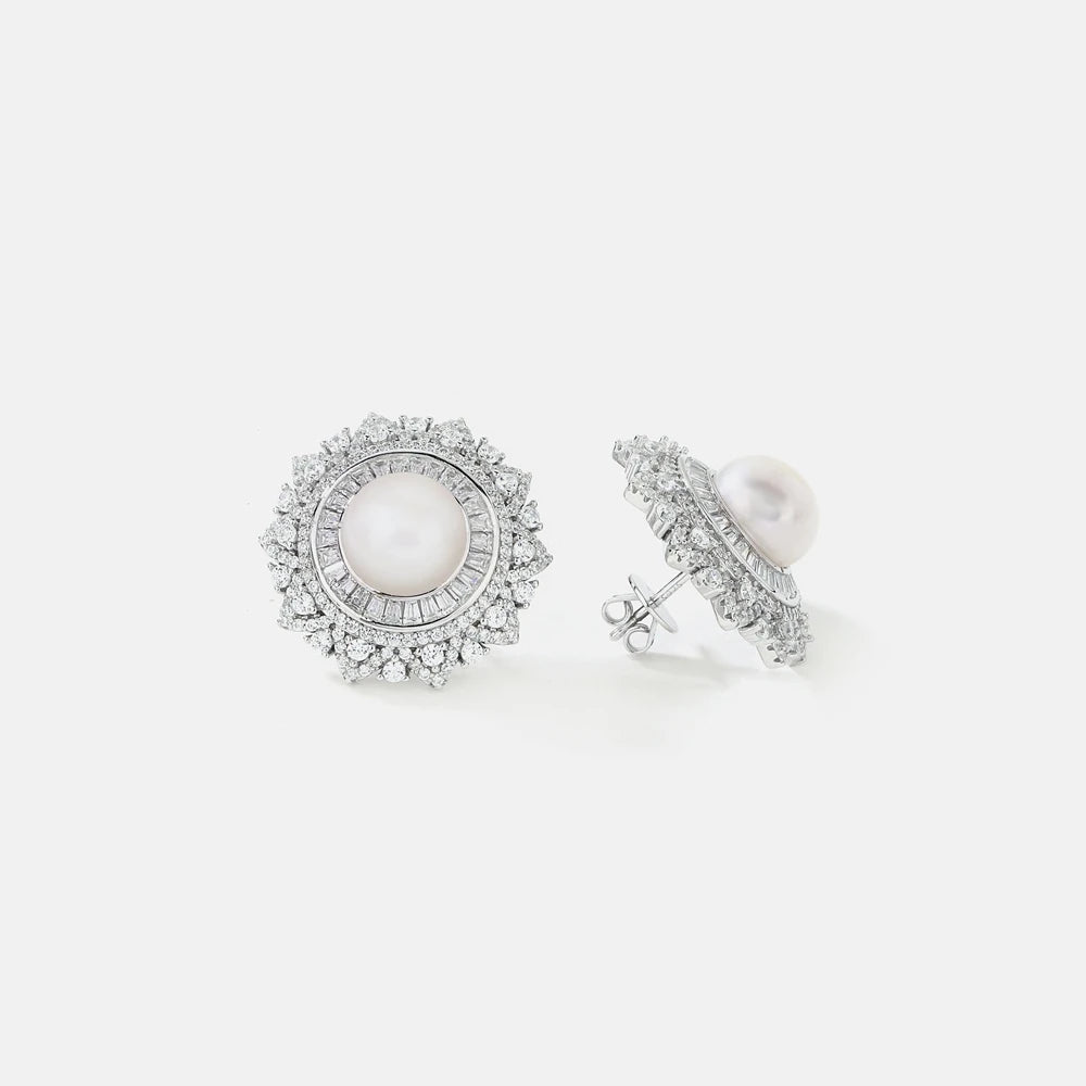 MUSHAN Jewelry Factory S925 Pearl Stud Earrings With High End Feel Electroplated White Gold Set With High Carbon Diamonds