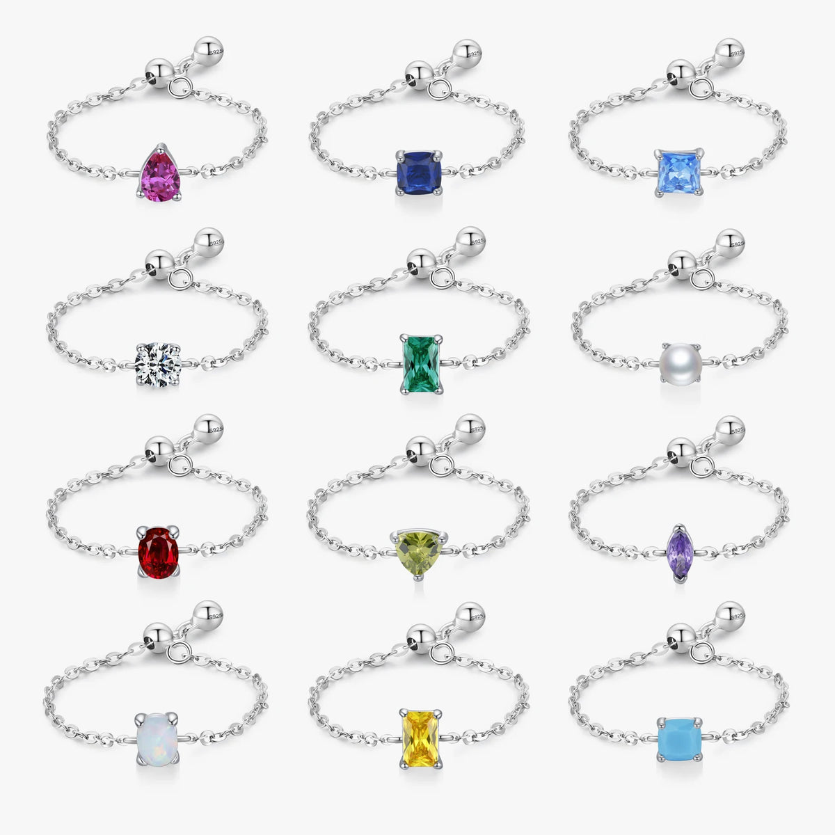Ailmay Fashion 925 Sterling Silver 12 Month Birthday Stone Adjustable Chain Rings for Women Everyday Wear and As Gifts