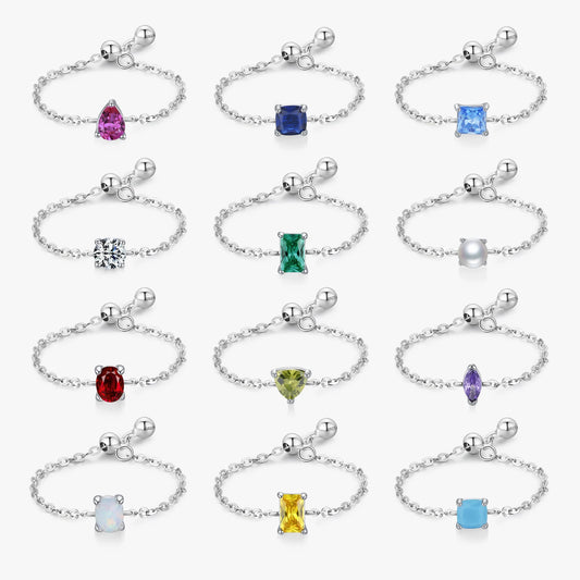 Ailmay Fashion 925 Sterling Silver 12 Month Birthday Stone Adjustable Chain Rings for Women Everyday Wear and As Gifts