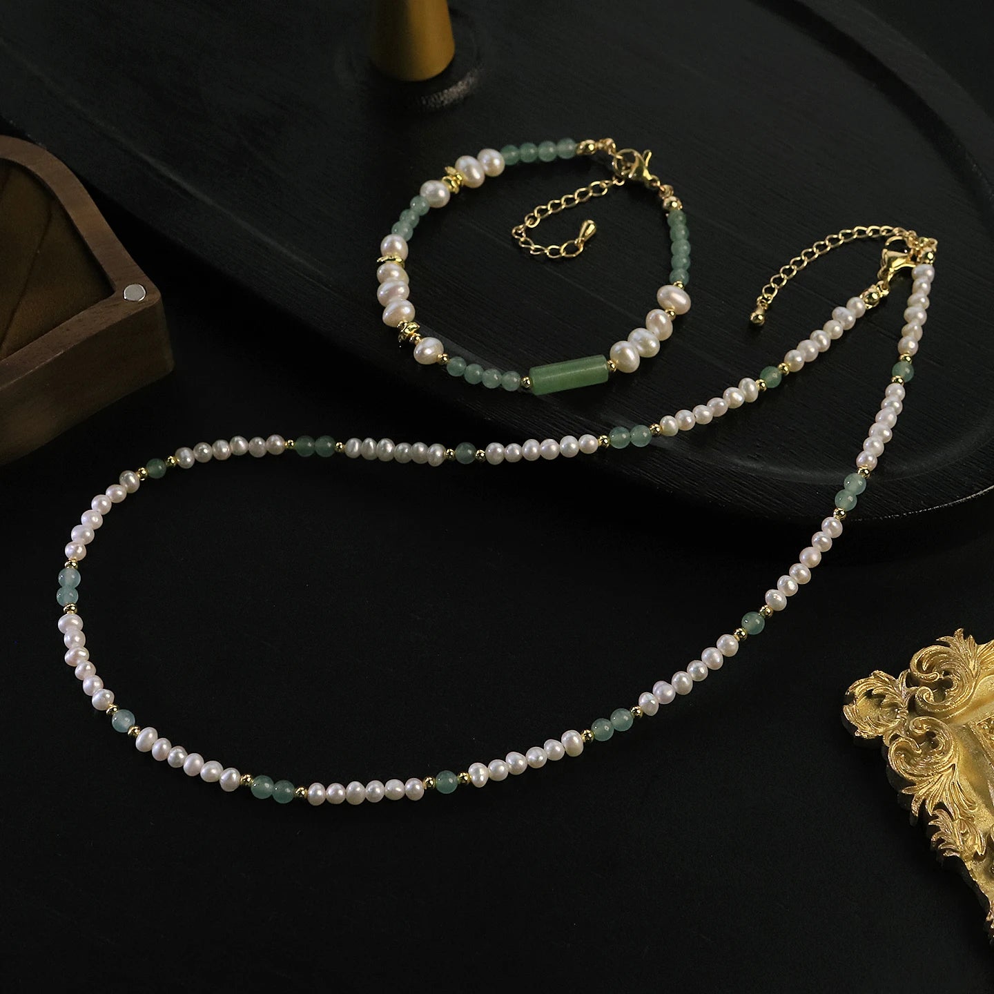 GLSEEVO Natural Freshwater Pearl & Green Aventurine Necklace & Bracelet Set — Bohemian Beaded Jewellery