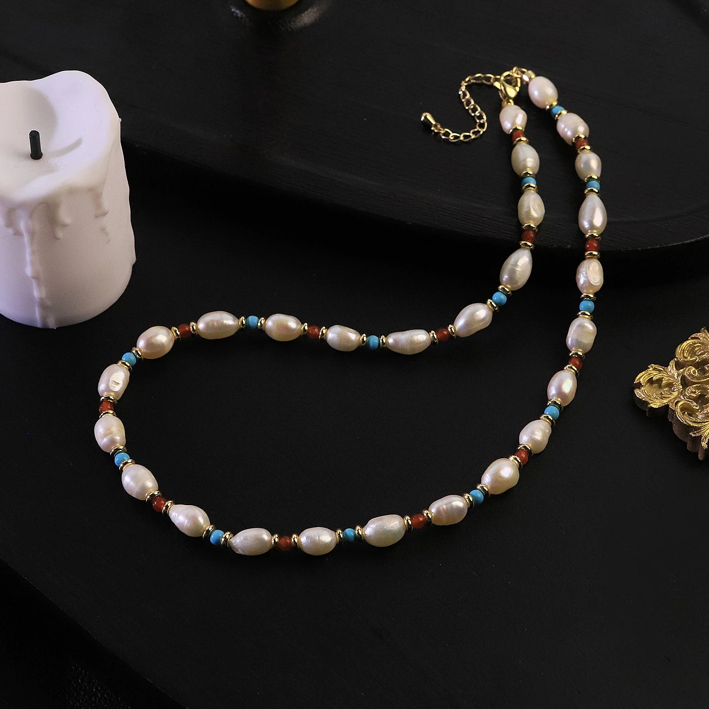 Natural Freshwater Pearl Turquoise Coral Beaded Necklace for Women Daily Party Wedding Vacation Dainty Necklace Bohemian Jewelry