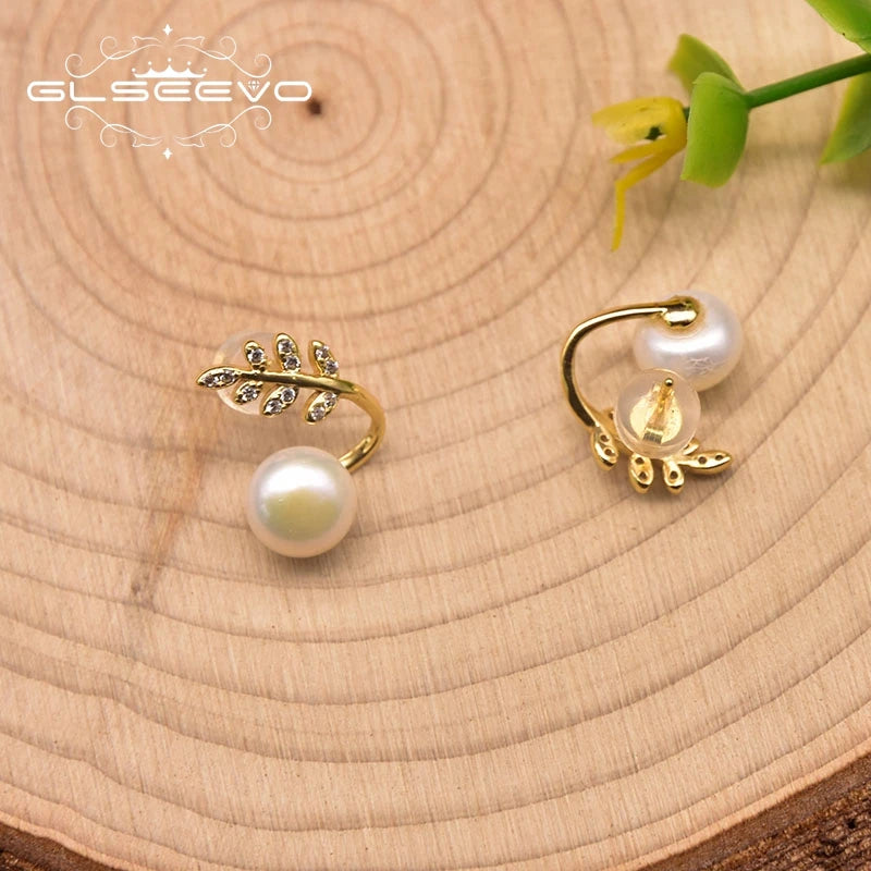Natural Freshwater  Pearl Stud Earrings for Women  Gift 925 Sterling Silver Leaf Zircon Style  Earrings  Fashion Jewelry