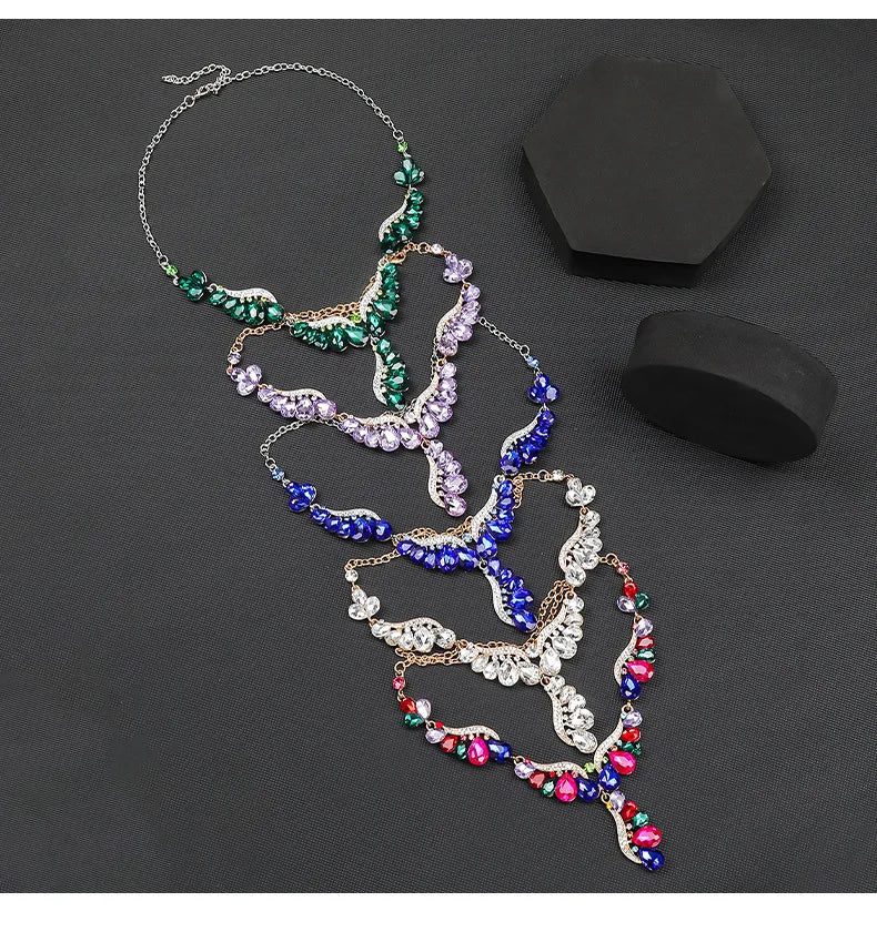 Luxury Multi Color Crystal Drop-Shaped Gemstone Necklace Earrings Jewelry Set for Women