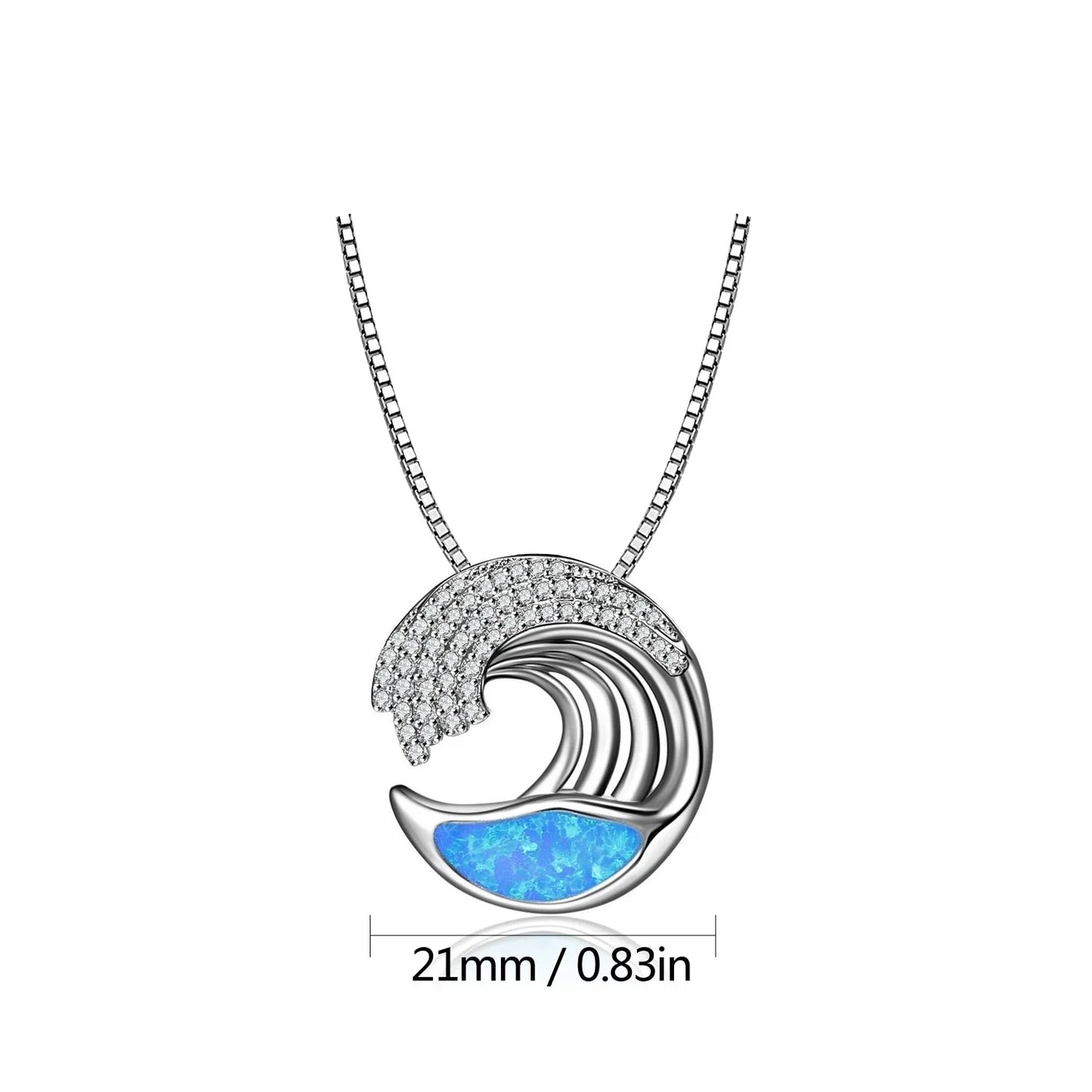 Aobao Trendy Christian Ins-style Hawaiian Blue Opal Wave Necklace Silver Plated Sweater Chain Pendant