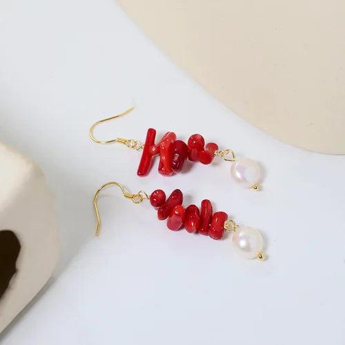 Red Coral Natural Pearls Fashion Accessories Set Fine Woman Ring Earrings Necklace Luxury Customized Jewelry Wedding