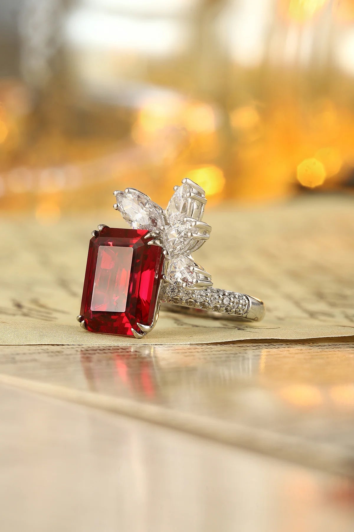 Gemfiori 8.62ct Lab Grown Pigeon Blood Ruby High End Ring Is Certified by AGL Suitable for Daily Wear Silver Luxury Lab Ruby Ring