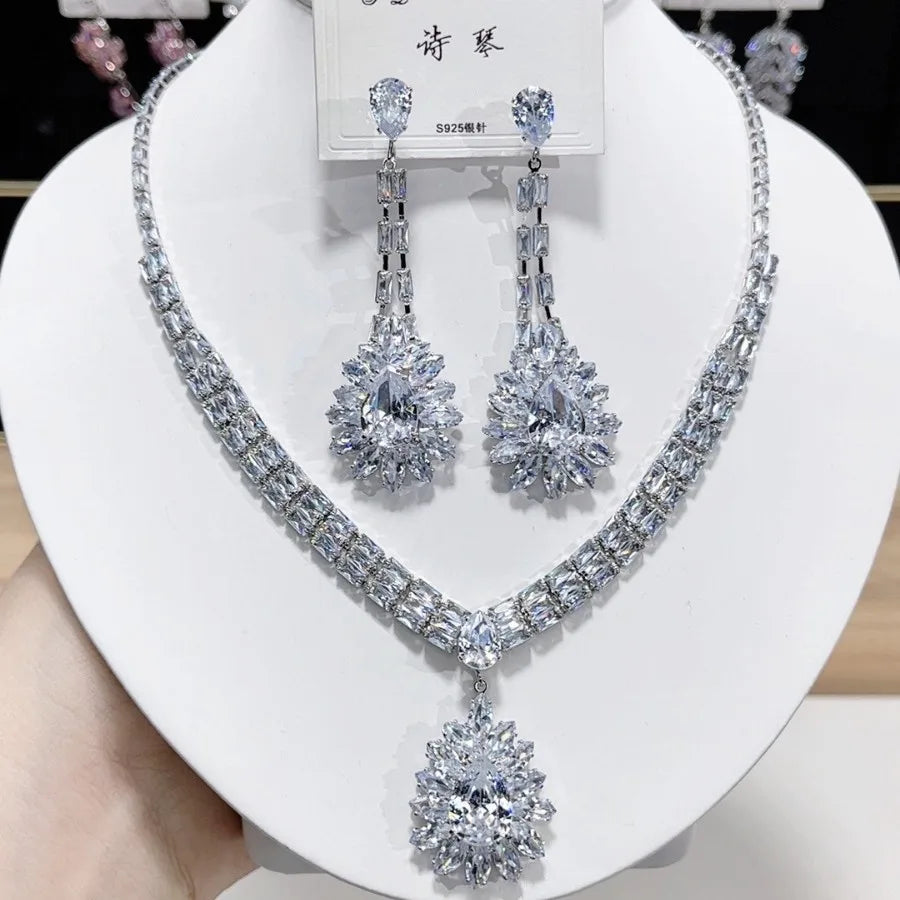 K048 Top Quality Trendy Luxury Classic Water Drop Zircon Necklace Earrings Set Elegant Women's Jewelry Set
