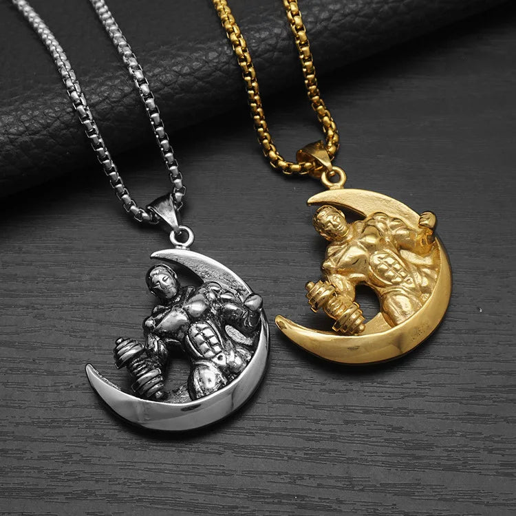 Hip Hop Moon Muscle Male Dumbbell Waterproof Stainless Steel Fashion Pendant Necklaces 18K Gold Plated for Male Man Mens