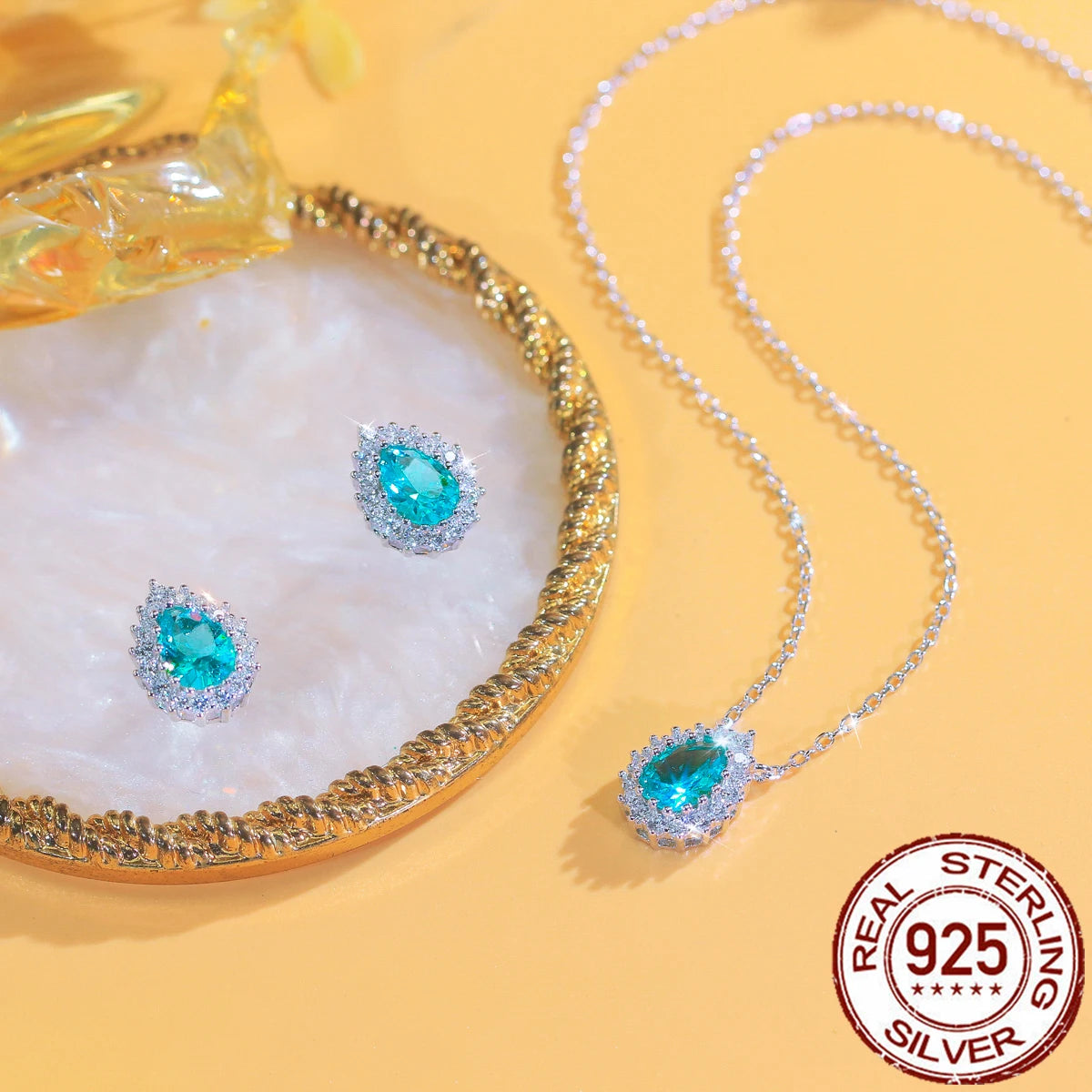 Elegant Fine Zirconia Jewelry Set 925 Sterling Silver Blue Paraiba CZ Drop Pendant Necklace Earrings Jewelry Set for Women Party