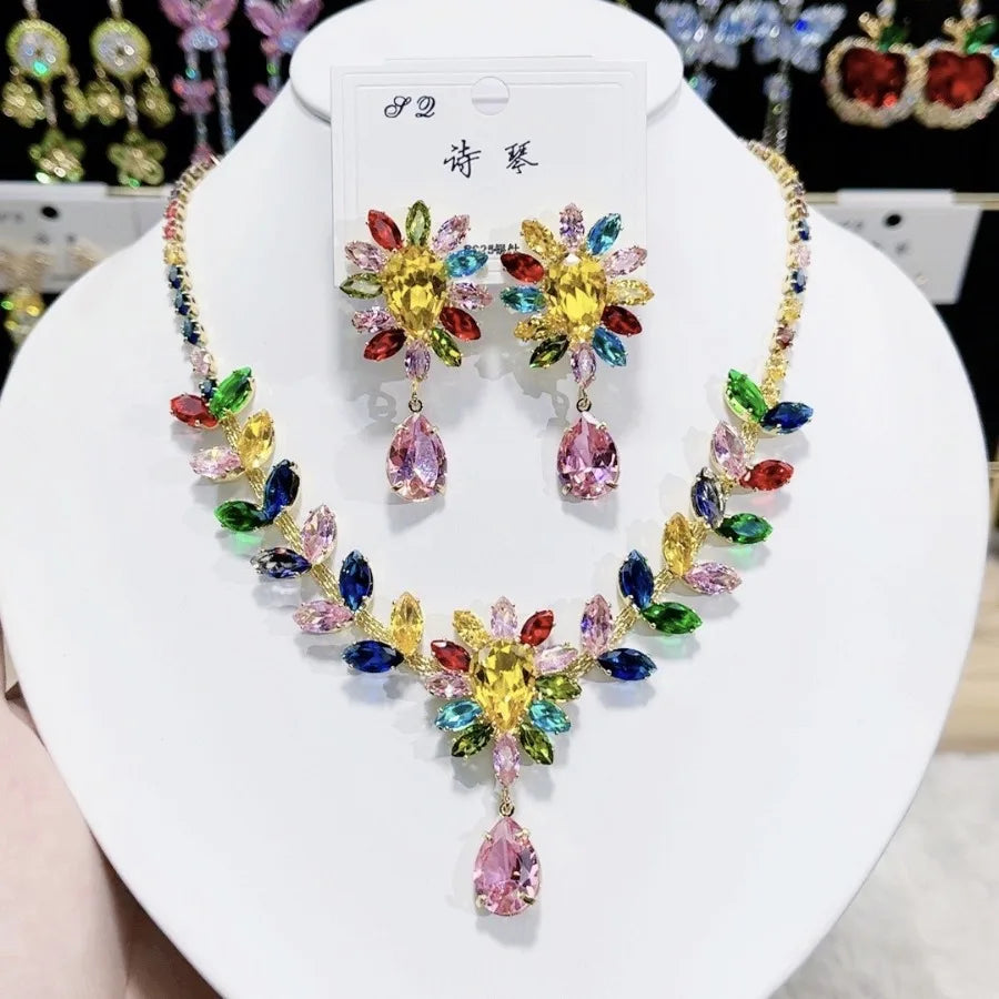 K029 High End Trendy Luxury Exquisite Multi Zircon Flower Necklace and Earrings Set Women Elegant Jewelry Set for Party