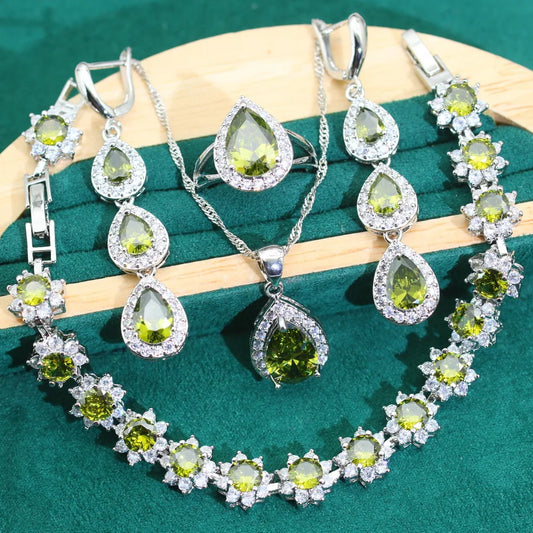 2024 New Green Zircoia 925 Silver Women's Jewelry Set Wedding Accessories Including Earrings Necklace for Anniversaries Parties