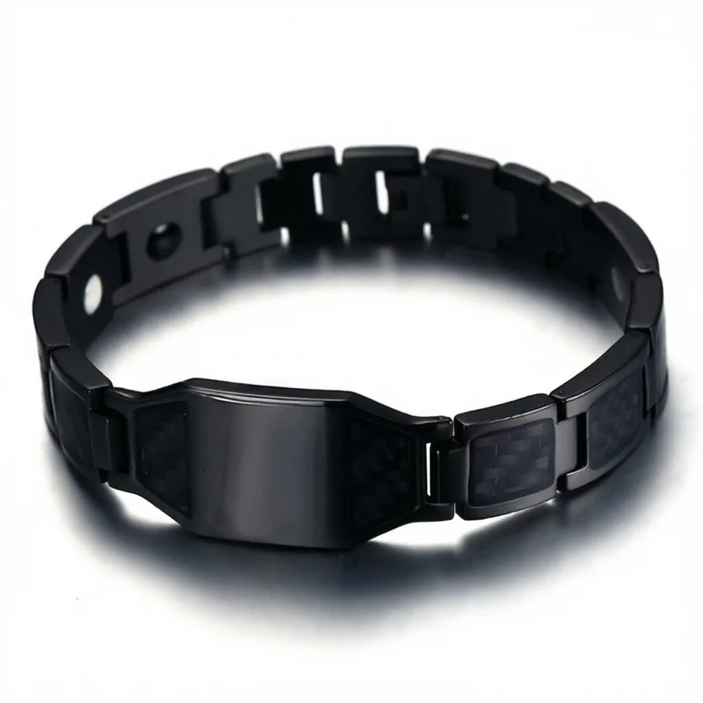 REBEL Black Stainless Steel Magnetic Therapy Link Bracelet with Carbon Fiber Inlay and Masonic Square & Compass Engraved Plate for Men