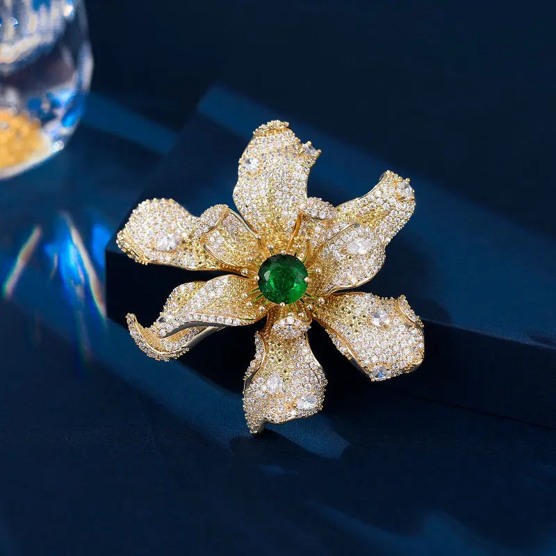 3D Flower Zircon Brooch Heavy Duty Luxury Clothes Fixed Lapel Pin High Grade Elegant Accessories for Coat Overcoat Evening Dress