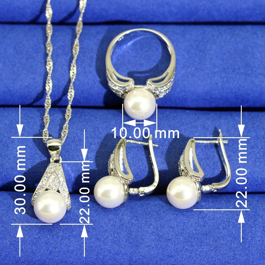 XOTICA White Pearl Zircon Platinum Plated Sterling Silver Classic Jewelry Sets for Women Wedding Earrings Necklace Pendant Ring Gifts