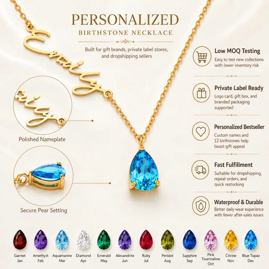 Waterproof Stainless Steel Custom Birthstone Name Necklace with CE RoHS Certified PVD Gold Plated Jewelry for Brand Dropshipping