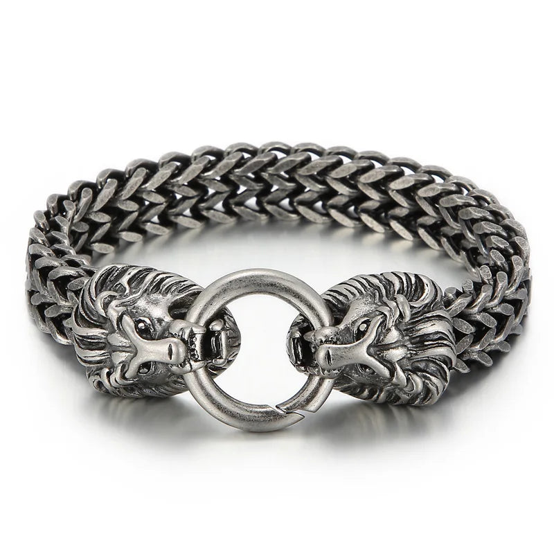 KALEN 230mm Men Punk Stainless Steel Herringbone Bracelet With Lion Head Charms Clasp