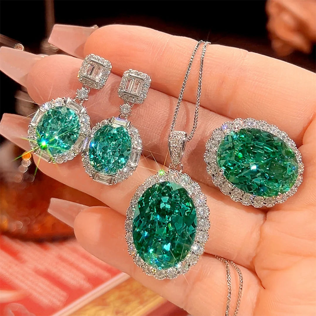 S&S Paraiba Green Zircon Jewellery Set – Pendant, Ring & Earrings – Collection
