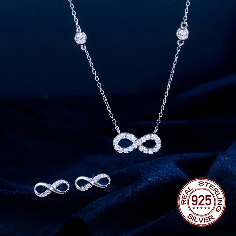 Pretty Endless Symbols Shaped Necklace and Earrings Cubic Zircon CZ Real S925 Sterling Silver Jewelry Set for Women Girl Gifts