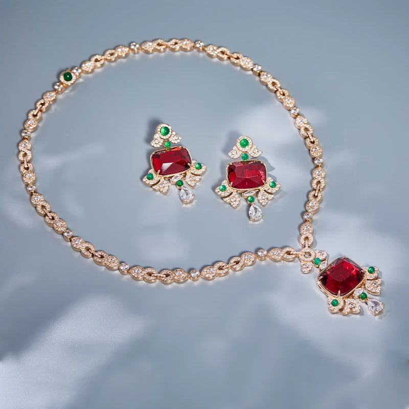 High Quality Rhodium Plated Jewelry Gifts Ruby Green Agate Women's Evening Dress Necklace Earrings Headdress Set