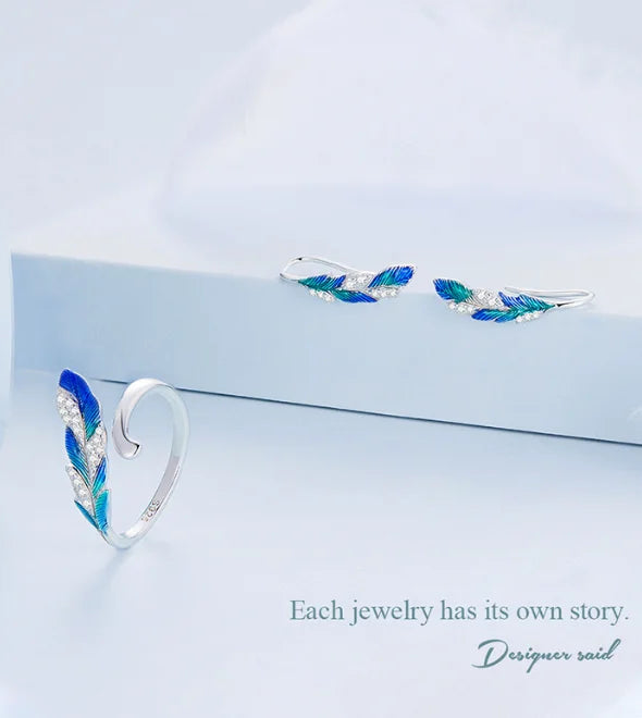 S&S Blue Zircon Feather Earrings & Ring Set | 925 Silver | Ethnic Boho Style | Adjustable | S&S Collection