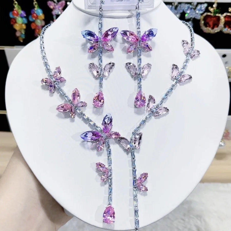 K050 High End European Fashion Luxury Exquisite Pink Zircon Butterfly Necklace and Earrings Set Women Classic Jewelry Set