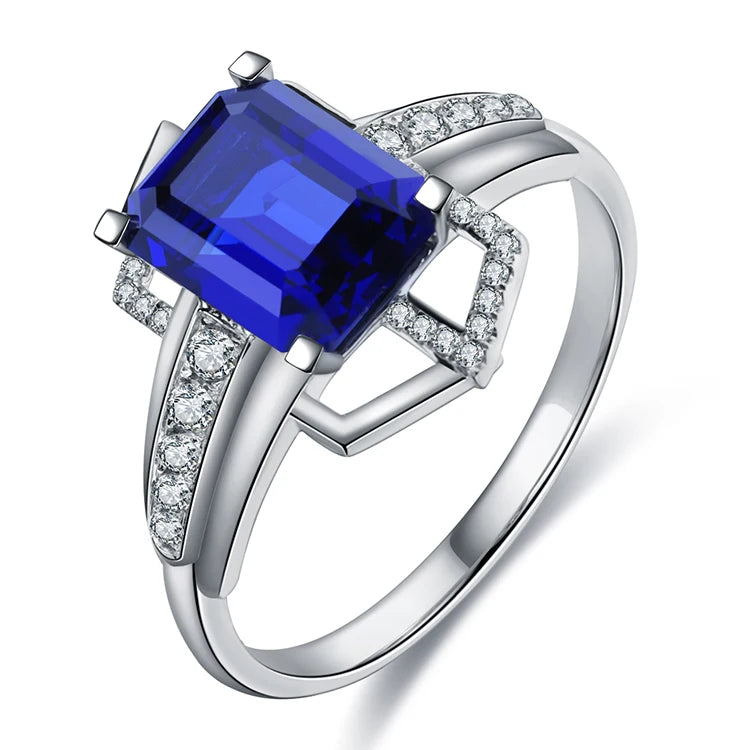 Gemfiori Anster 18K Gold Wedding Ring with 10ct Sapphire Gemstone Big Emerald Cut Butterfly Designs Blue Sapphire Stone Fine Rings