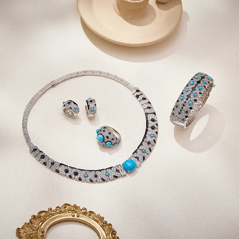 Vintage Leopard Print Necklace Earrings  Rings  Bracelet 4-piece Set Dubai Luxury Style Women's Brass Zirconia Jewelry
