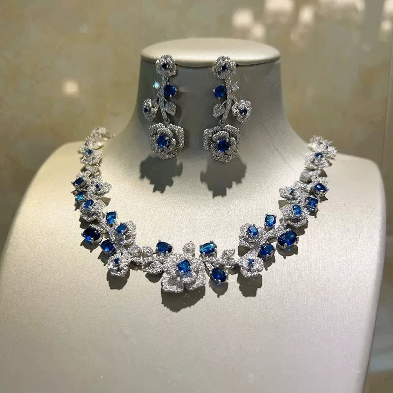 XM S203  Luxury Royal Blue Gemstone Flower Statement Necklace and Drop Earrings Set