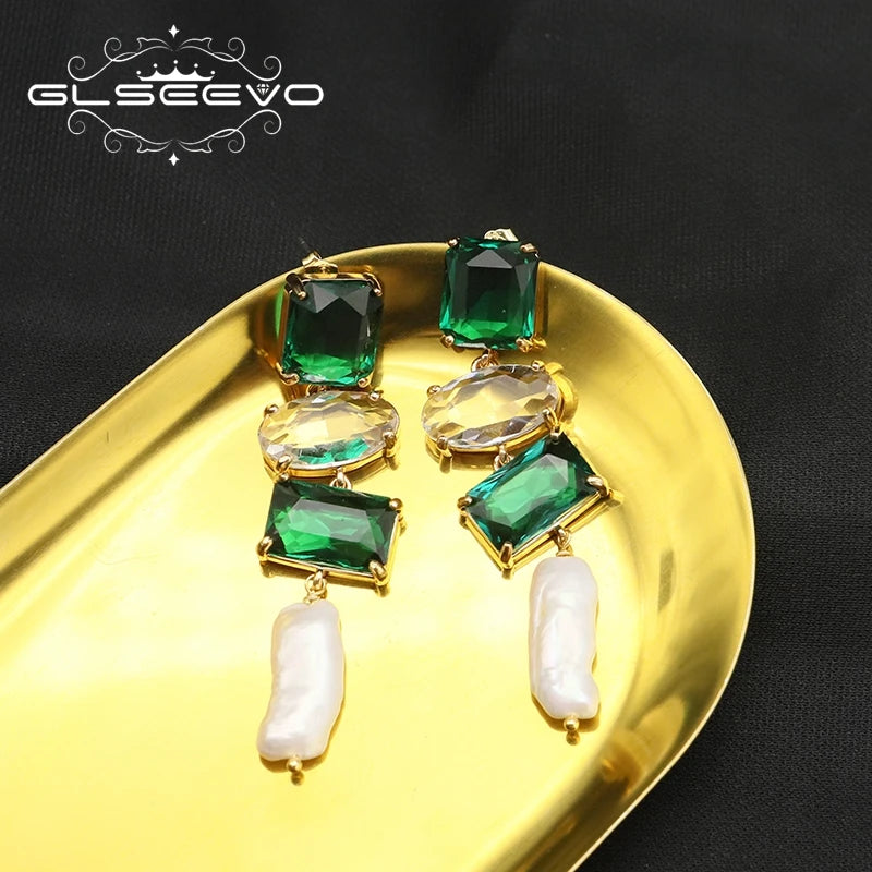 Long Natural Baroque Pearl Emerald Crystal Drop Earrings for Wife Girlfriend Birthday Gifts Fashion Designer Luxury Jewelry