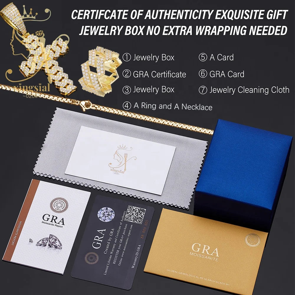ArtistA Xingsial Custom Men's Jewelry Set 925 Sterling Silver Gold Plated Iced Moissanite Cross Pendant Cuban Link Wedding Ring