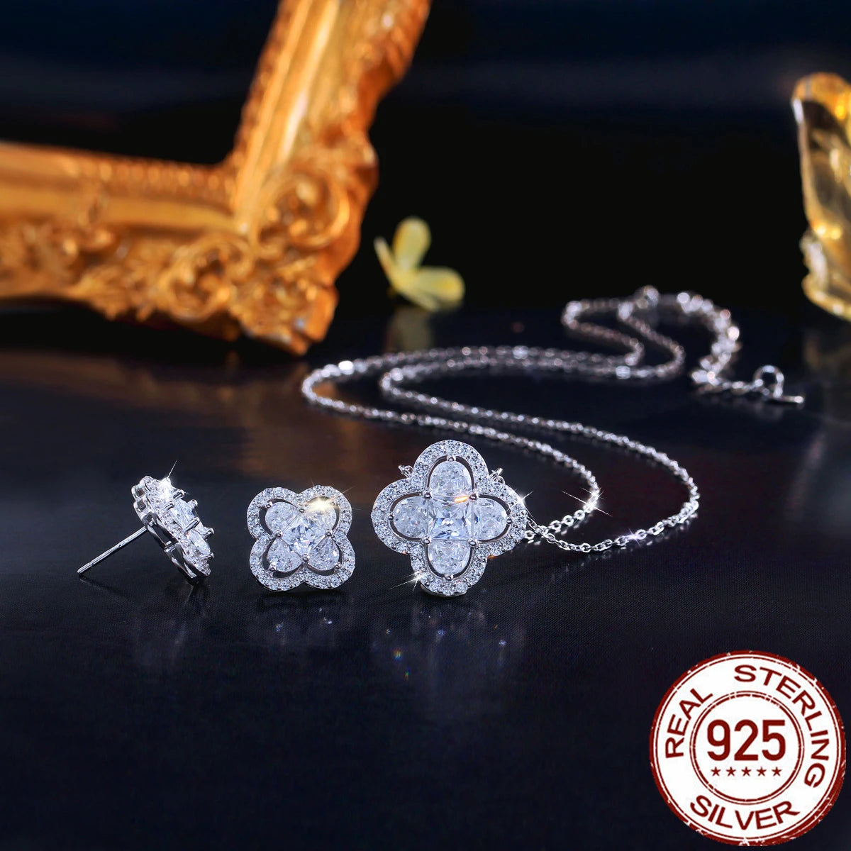 Real 925 Sterling Silver CZ Jewelry Set Pink Zircon Flower Dangle Pendant Stud Earrings Jewelry Set for Women Brides Daily Wear