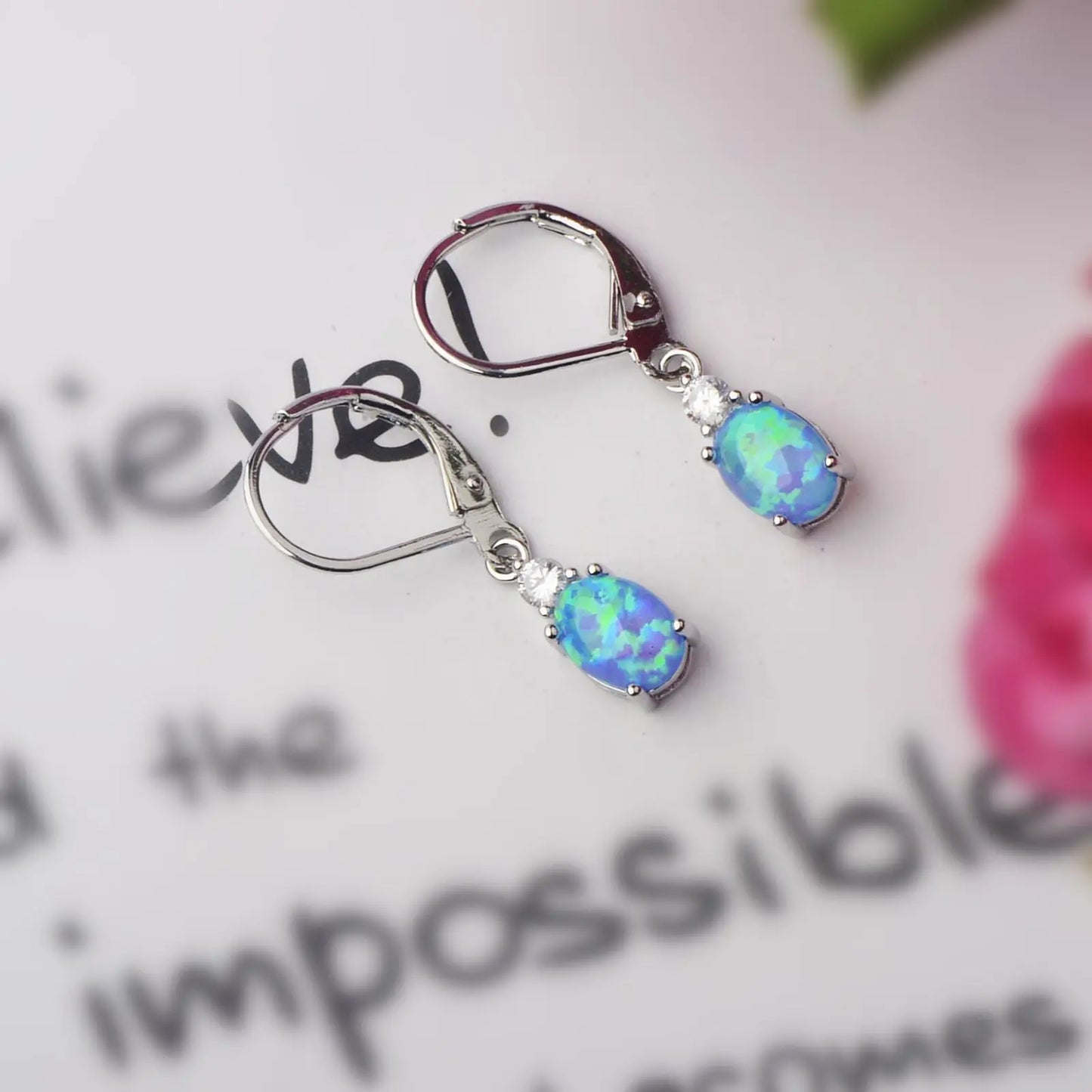 Statement Oval Opal Drop Earrings - Blue Fire Opal Solitaire & CZ Accent Design | Elegant Formal Jewelry Bulk Gifts