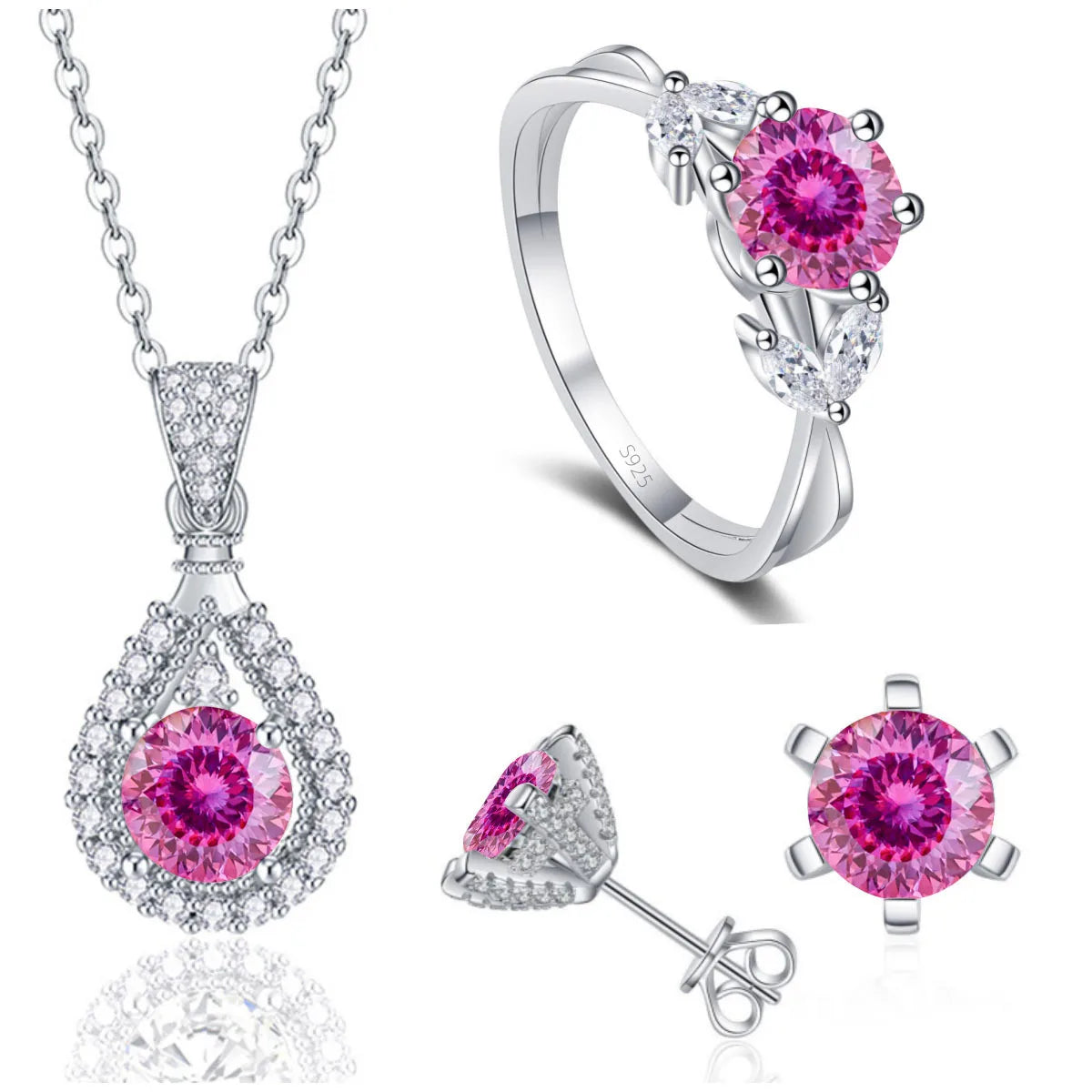 REDheart Fine 925 Sterling Silver Women's Wedding Bridal Jewellery Set Round Cut VVS Colored Moissanite Rings Necklace and Earrings Set