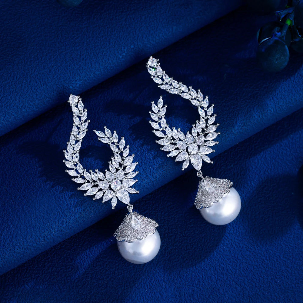S&S White CZ & Pearl Bridal Long Dangle Drop Earrings – Marquise Cut – Rhodium Plated – Collection
