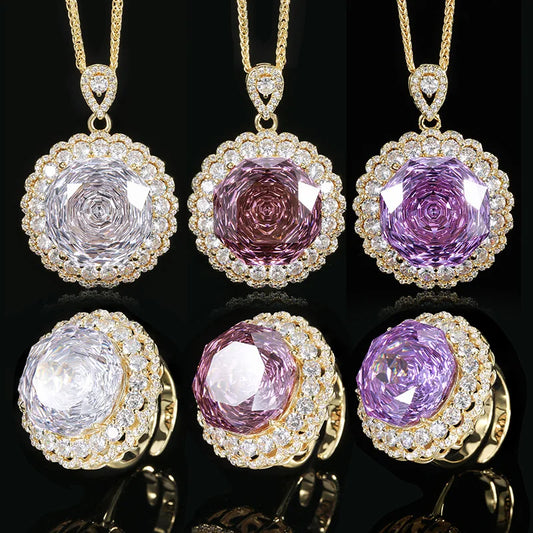 Gemfiori Luxurious Sparkling Rose Pendant Ring Set Fashionable and Elegant Zircon Bride Engagement Jewelry Party