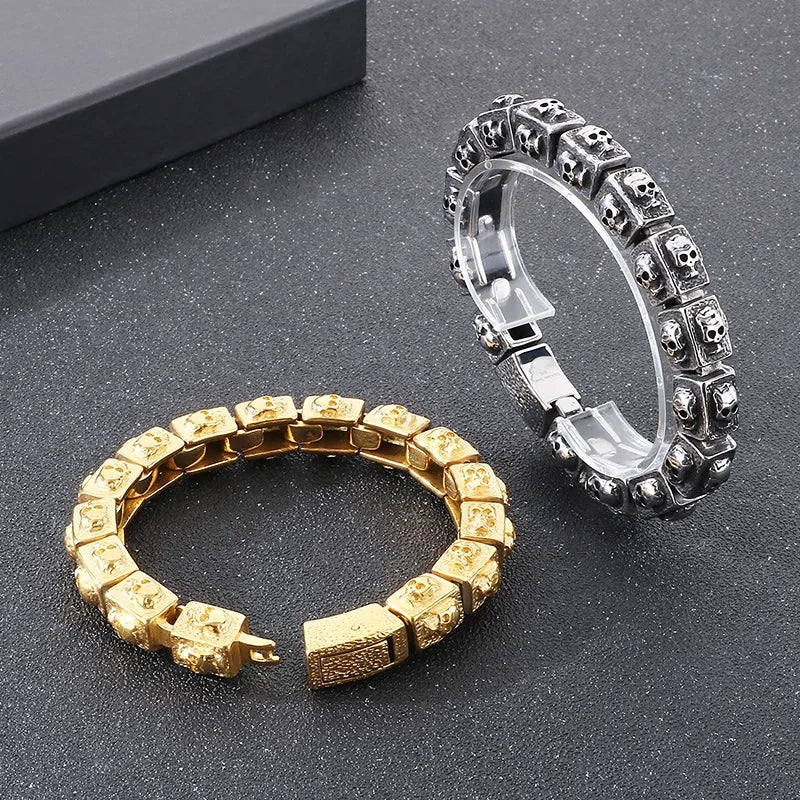 KALEN Men Retro Punk Fine Jewelry Fashion Bracelets Stainless Steel Square Skull Charm Links Bracelet Bangle