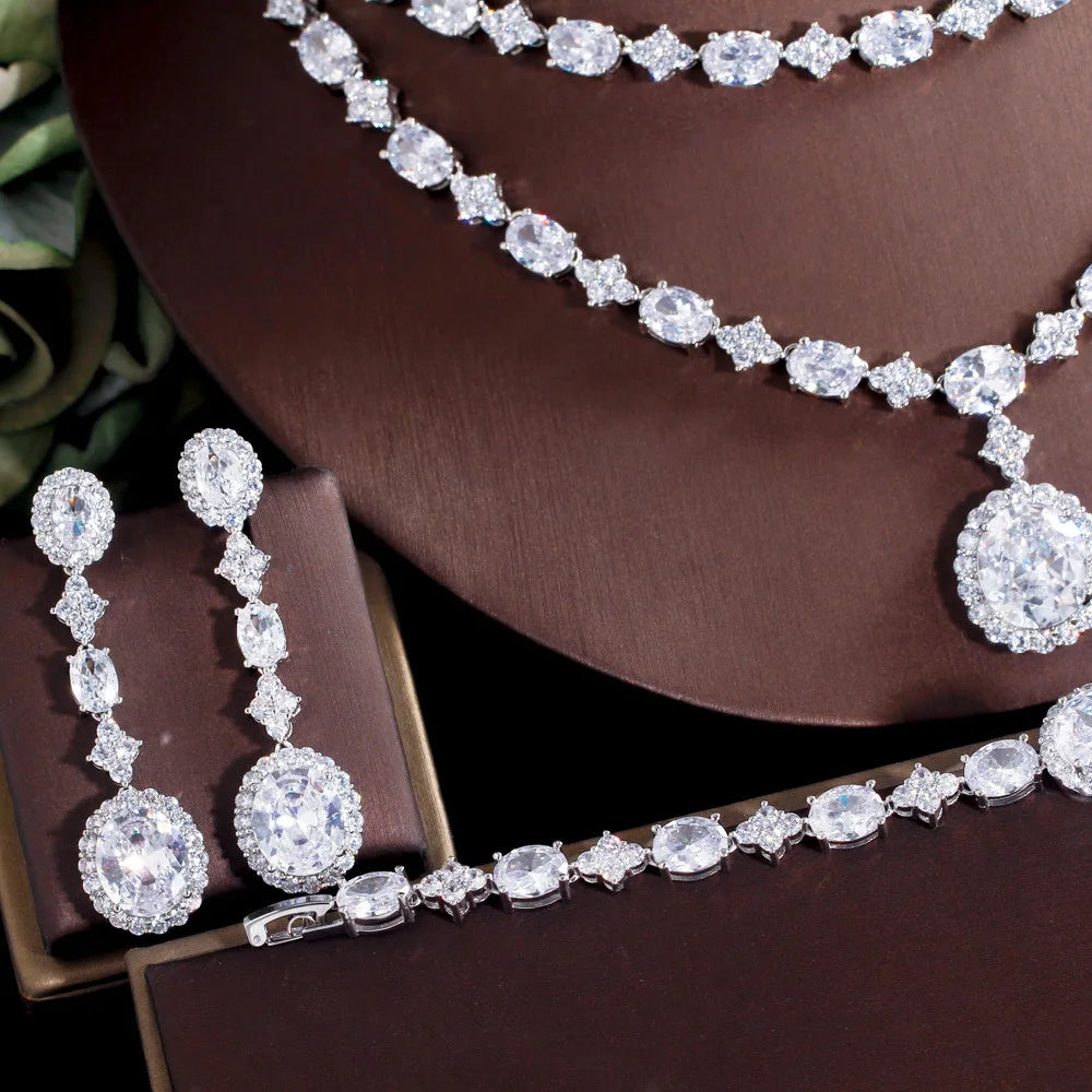 Read to Ship 4pcs Jewelry Sets Luxury Bridal White Zirconia Diamond Gorgeous 4 Pcs Jewelry Set