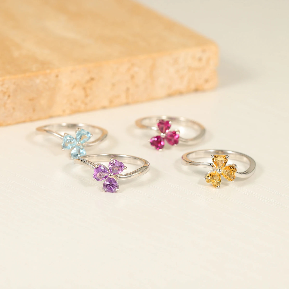 ArtistA A380 Abiding Delicate Curved Wave Shank Triple Heart Cut Natural Citrine Amethyst Rhodolite Topaz Gemstone Clover Flower Rings
