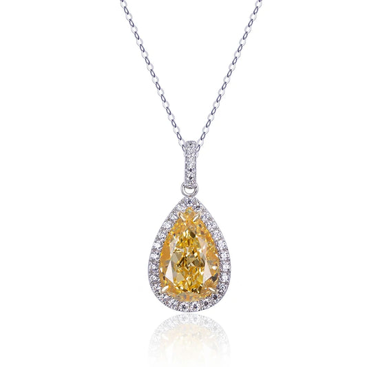 Messi Jewelry MSN-656  925 Silver Sterling Necklace  3CT Pear Drop Bright Yellow Carbon CZ Diamond Solid Pendant Necklace