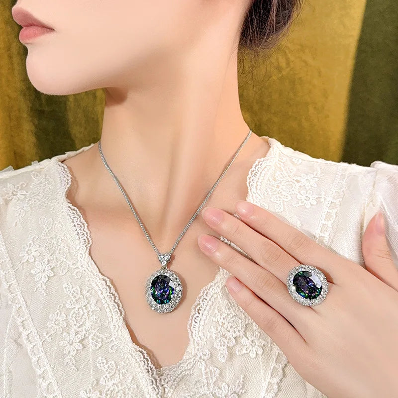 REDheart Women's Fashion Copper Zircon Pigeon Egg Ring Gold-Plated Bird's Nest Cut Seven Color Advanced Certified Necklace Set