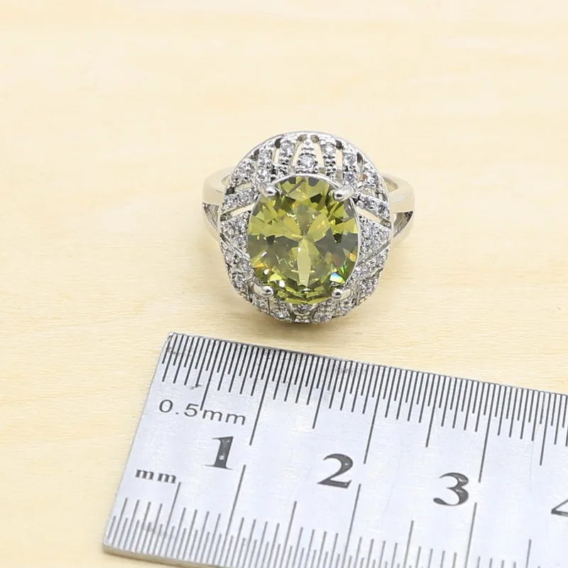 XOTICA Silver Jewelry Set for Women Olive Peridot White Zircon Includes Bracelet Earrings Necklace Ring-for Parties Weddings