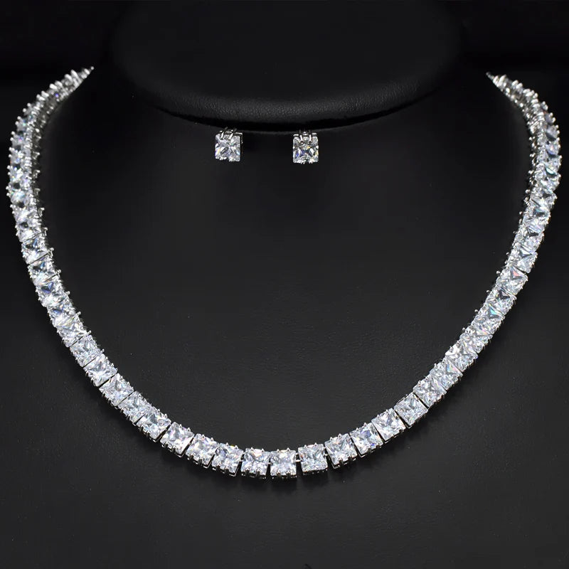 Super Shiny Square Cubic Zirconia Chain Link Tennis Necklace and Stud Earrings Jewelry Set for Women Man Party