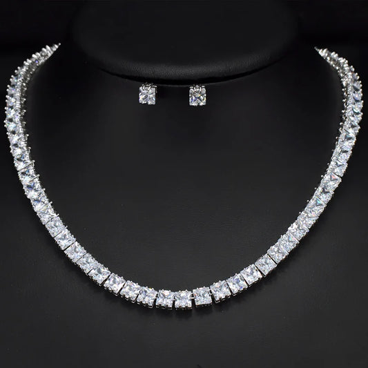 Super Shiny Square Cubic Zirconia Chain Link Tennis Necklace and Stud Earrings Jewelry Set for Women Man Party