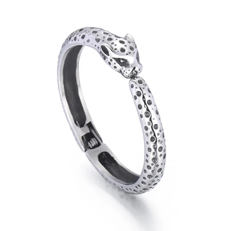 REBEL Unisex Fashion Stainless Steel Leopard Head Charms Open Cuff Bangle Bracelet